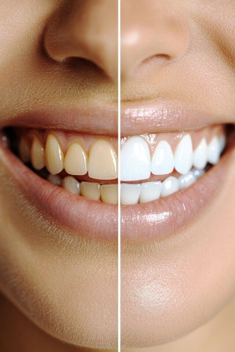 A split-screen comparison showing yellowed teeth on the left and bright, professionally whitened teeth on the right.
